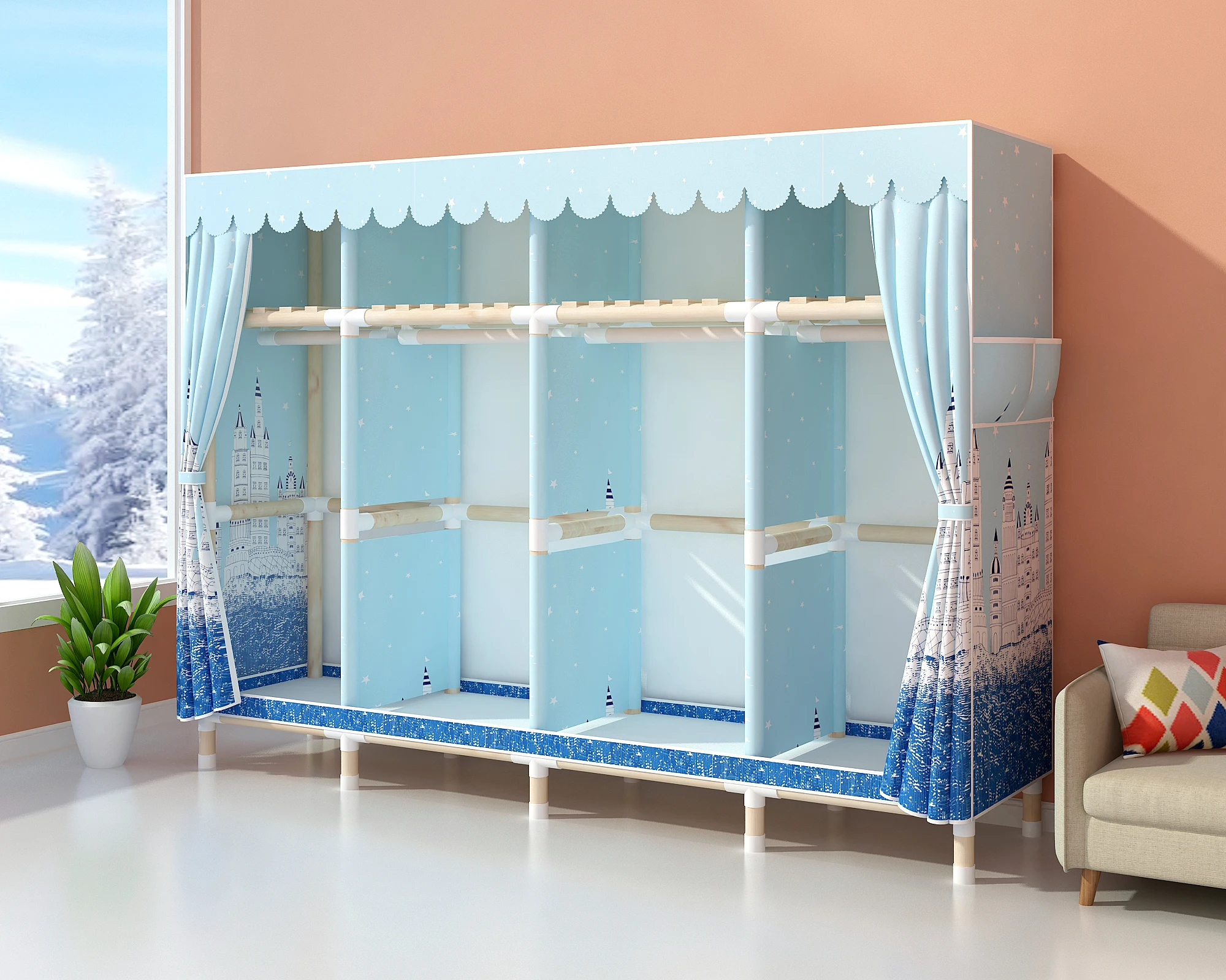 s2m China Factory Solid Wooden Cloth Wardrobe Fully Assembled Mobile Simple Wooden Canvas Portable Wardrobe