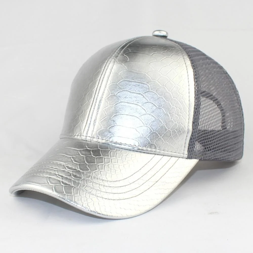 Streetwear Faux Leather Snakeskin Silver Mesh Trucker Cap Custom Logo PU Crocodile Snapback Baseball Cap Hat Gorras