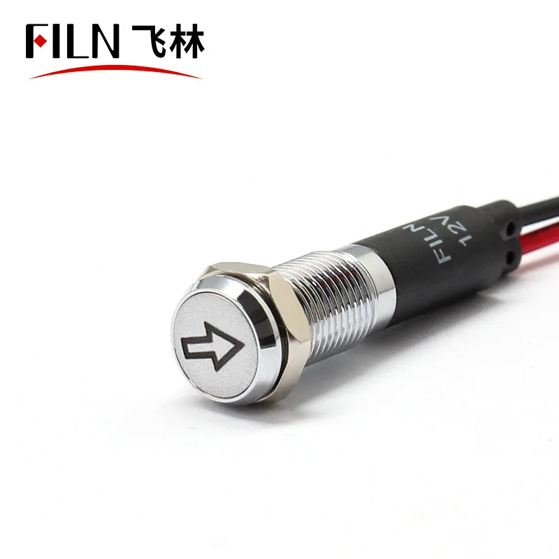 FILN 8mm Warning Dash board red yellow white blue green 12v led flat head indicator light with 20cm cable with symbol