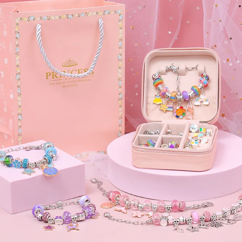 Creative Birthday Gifts for Kids DIY Art Craft Set Charm Bracelets Kits Girls Crystal Charm Bracelet Jewelry Set