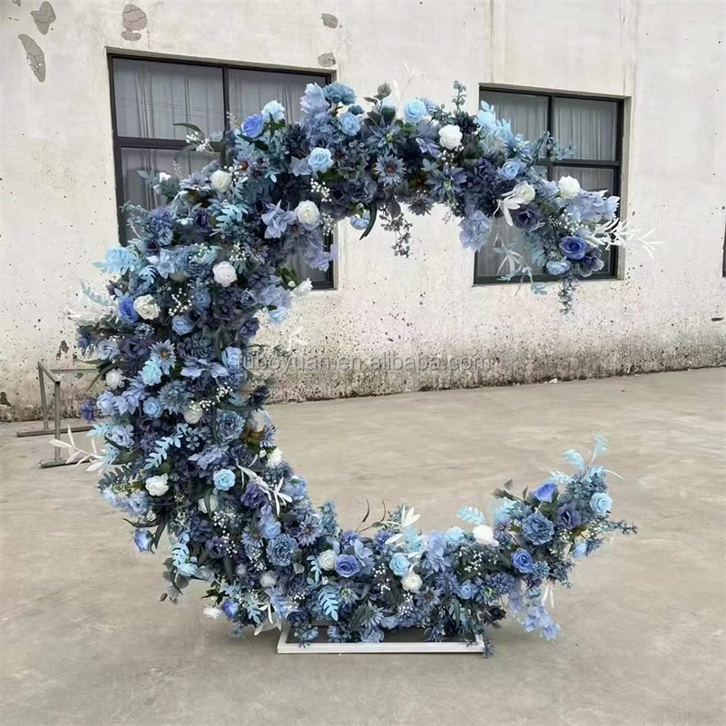 E07594 Artificial wedding flower arch decor moon type round arch faux rose flower arch for outdoor event decoration