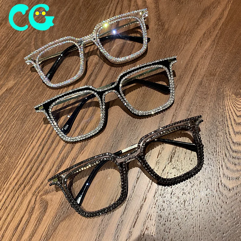 Myopia Hyperopia Women sunglasses vintage clear lens glasses ladies luxury rhinestone decoration sunglasses men optical