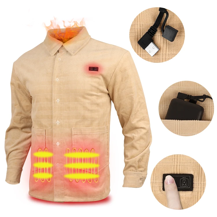 Custom Rechargeable Single Breasted Corduroy Heated Shirt For Autumn Winter Spring