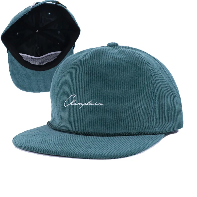 Wholesale Embroidery Logo Green Vintage Snapback Cap Unstructured 5 Panel Rope Courdroy Hat