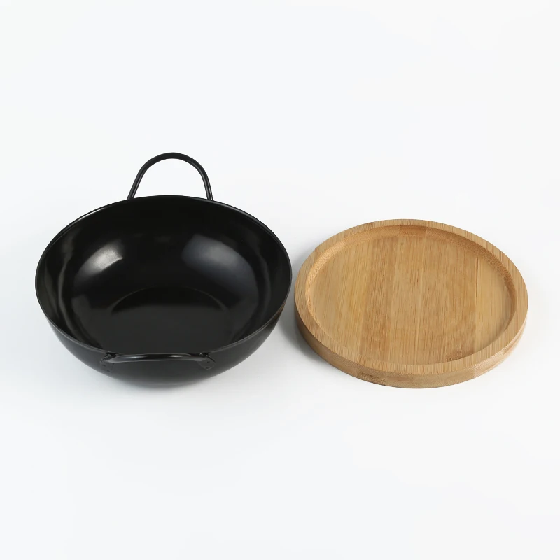 Hot Selling 20cm Black Chinese Mini Wok Set with Wooden Tray Small Wok Pan for Home
