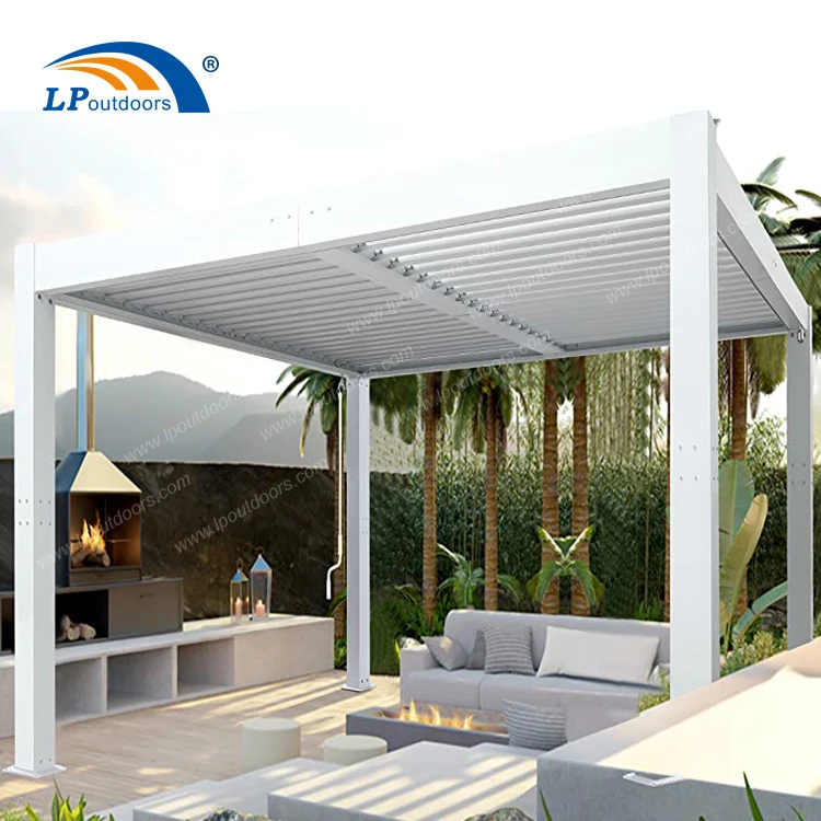 White Aluminum Louvered Pergola Bioclimatic Outdoor Gazebo Tent Pavilion Motorized With LED Lights