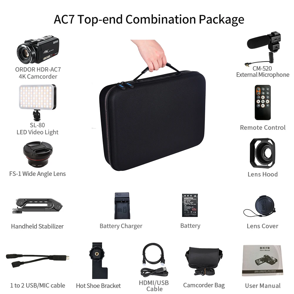 
AC7 10X Optical Zoom Camcorder Hunting Vlog Wedding 4K Professional Video Camera 