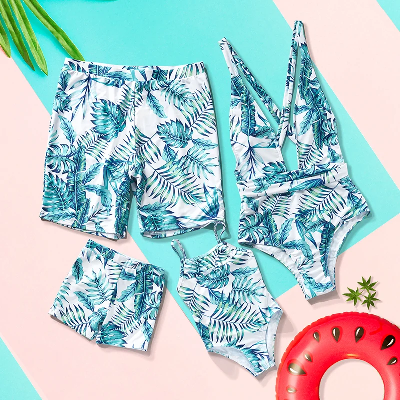 Custom Hawaiian Blue Print Fashion Beach Pants Sling Parent-Child Outfit  Sexy Woman Swimwear Bikini Swimsuit Set