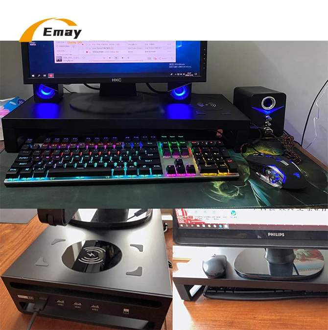 Multifunctional Aluminum Monitor Stand With USB 3.0  Hub port and Wireless Charger Computer Desk Organizer Mobile P