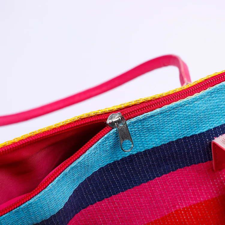 Handmade Lovely Travel Paper Fabric Tote Bag Rainbow Color Striped Pattern Beach Bags With Fluffy Tassels