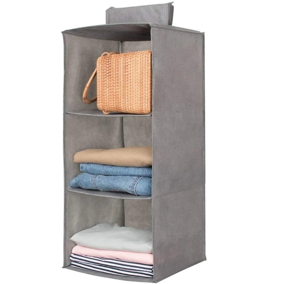 Fabric Hanging Closet Organizer Space Saver 3-Shelf Foldable Hanging Shelves Closet Organizers