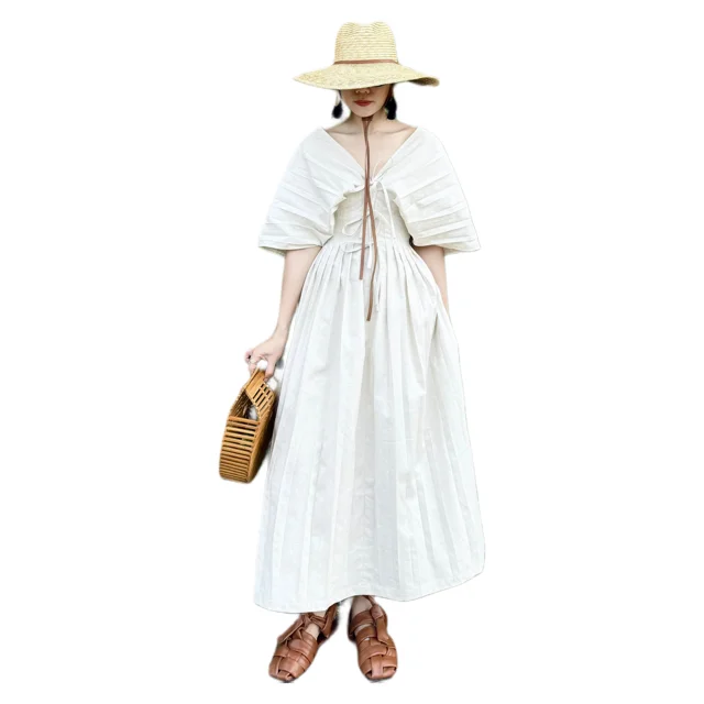 Dress For Women Maxi Linen Dress V-Neck Dress For Ladies Cotton New Styles Good Price Pleated  From Vietnam Manufacturer