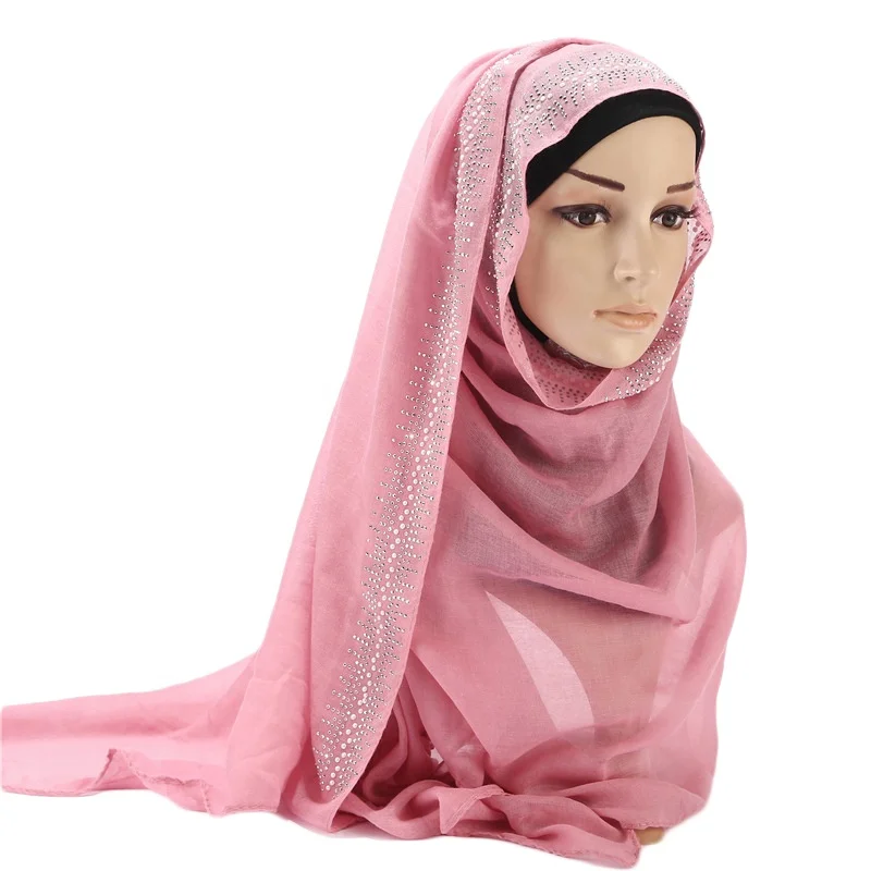 Cotton Hijab Bawal Wrap Glittering Rhinestones for Women Muslim Scarf