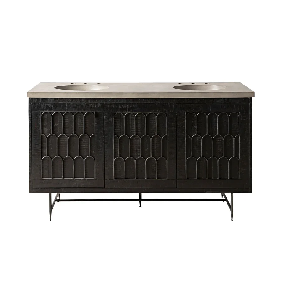 High-End Acacia Wood Double Bathroom Vanity Antique Black With Antique Brass Floor Mounted Bathroom Vanity Cabinets