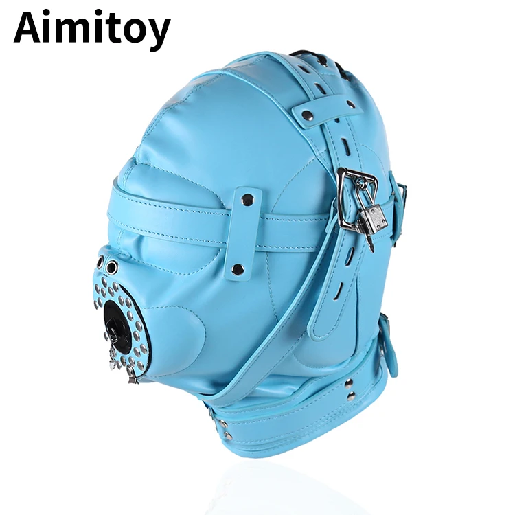 
Aimitoy wholesale Leather black bondage harness hood with lock and eye cover mask for slave play or restrains 