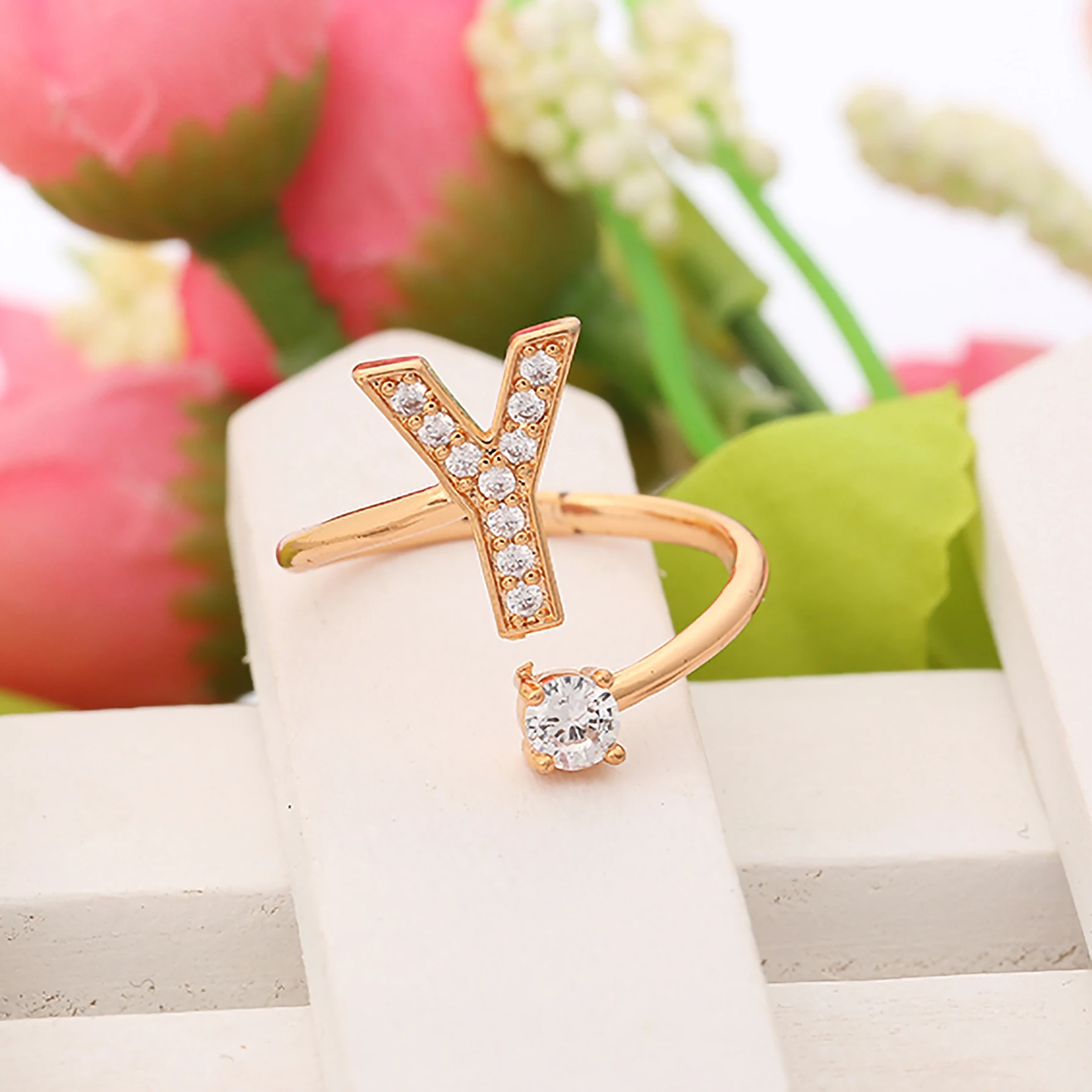 Men and Women Adjustable 14 K Gold Plated A-Z Letter Shiny CZ Initial Alphabet Rings