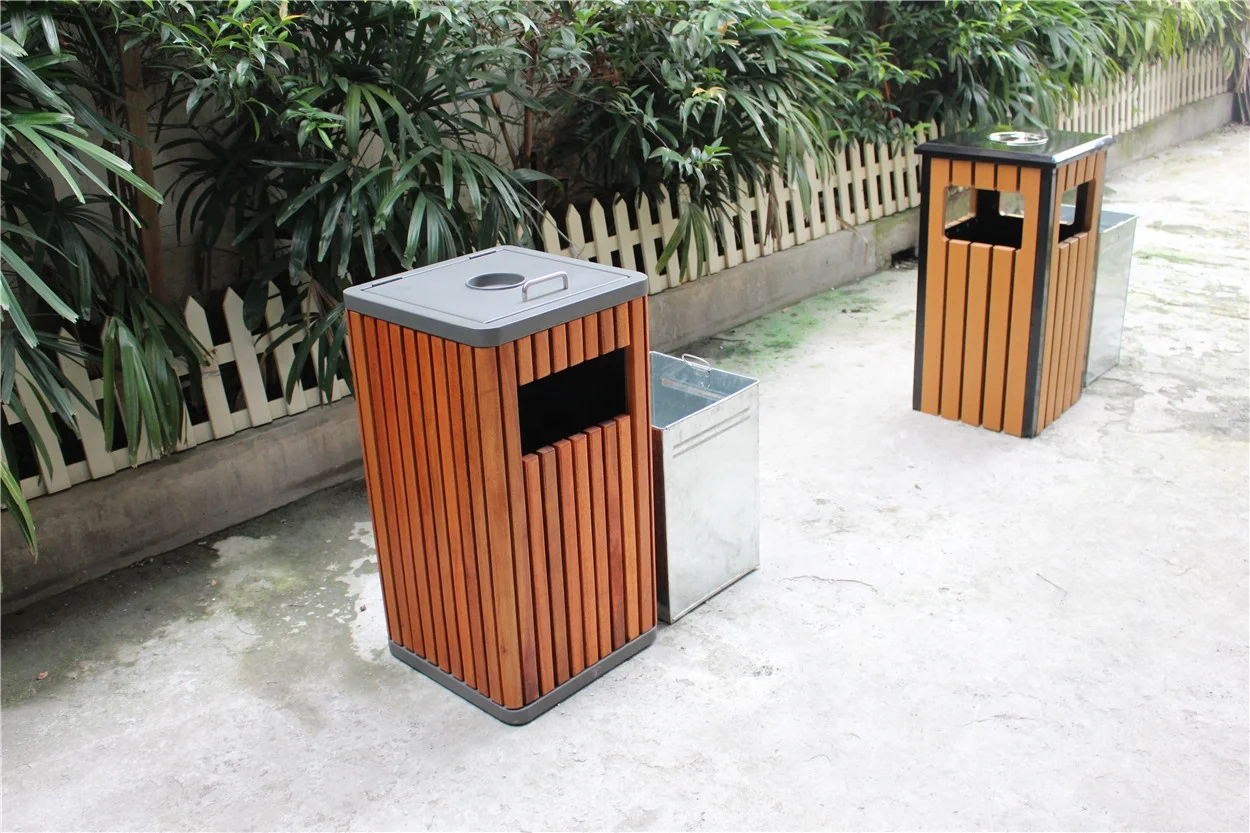 Square outdoor wooden trash cans street garbage bins