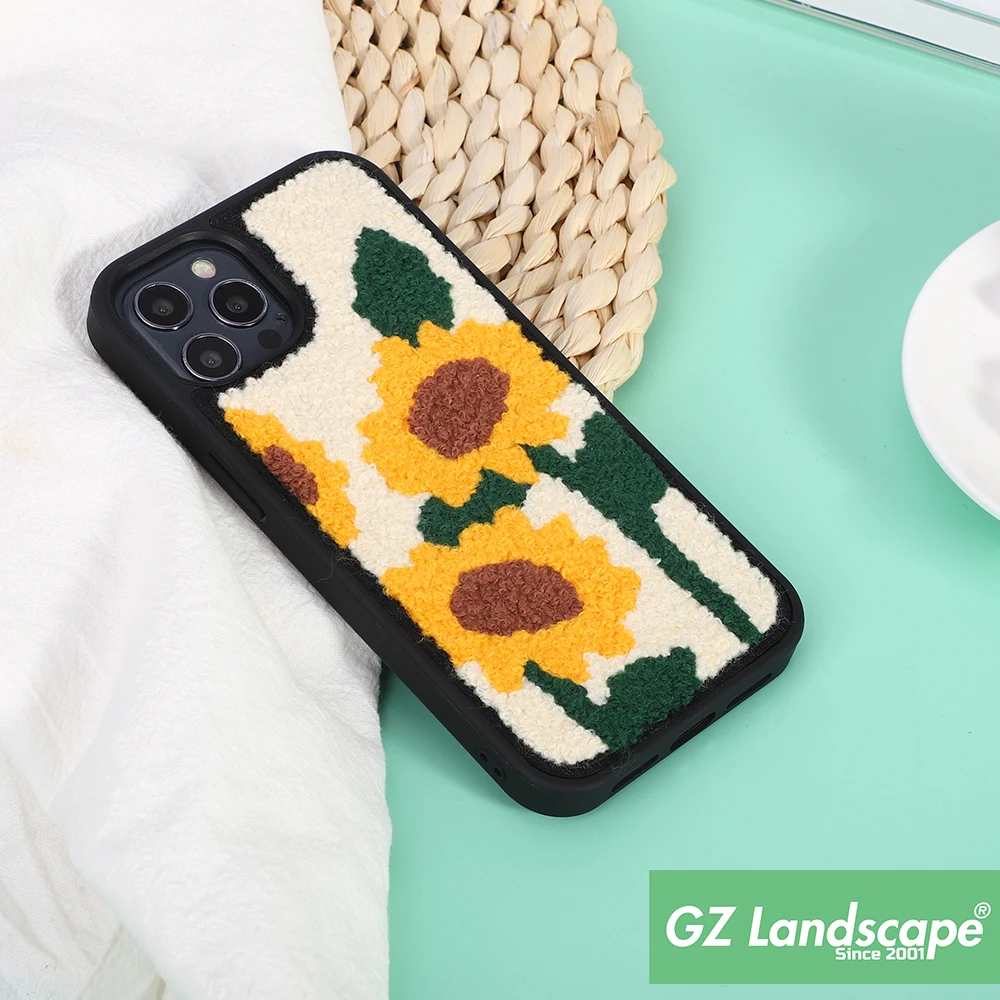 Sunflower wool felt handmade embroidered chessboard mobile phone case female cute 3d luxury designer phone cases for iphones