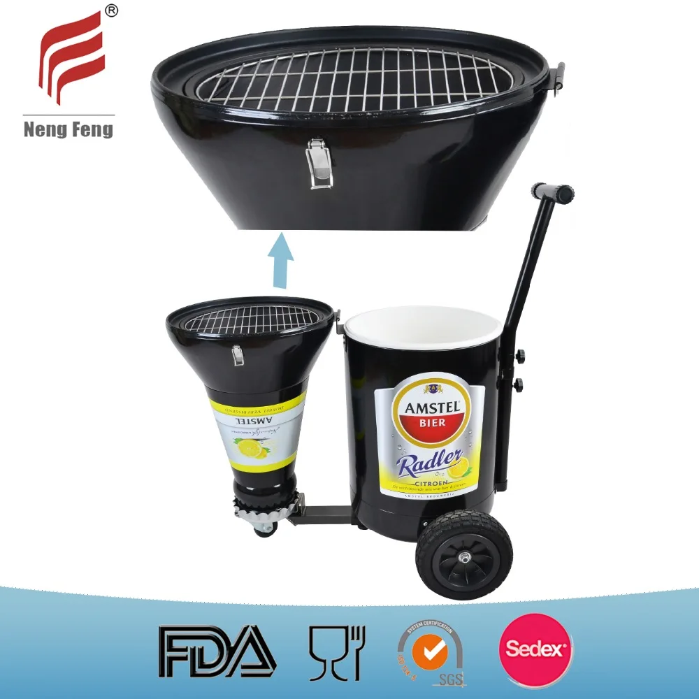 2022 ice bucket  Outdoor Heavy duty Commercial Portable Trolley Barrel Offest Charcoal BBQ Grill Smoker cooler box with wheels