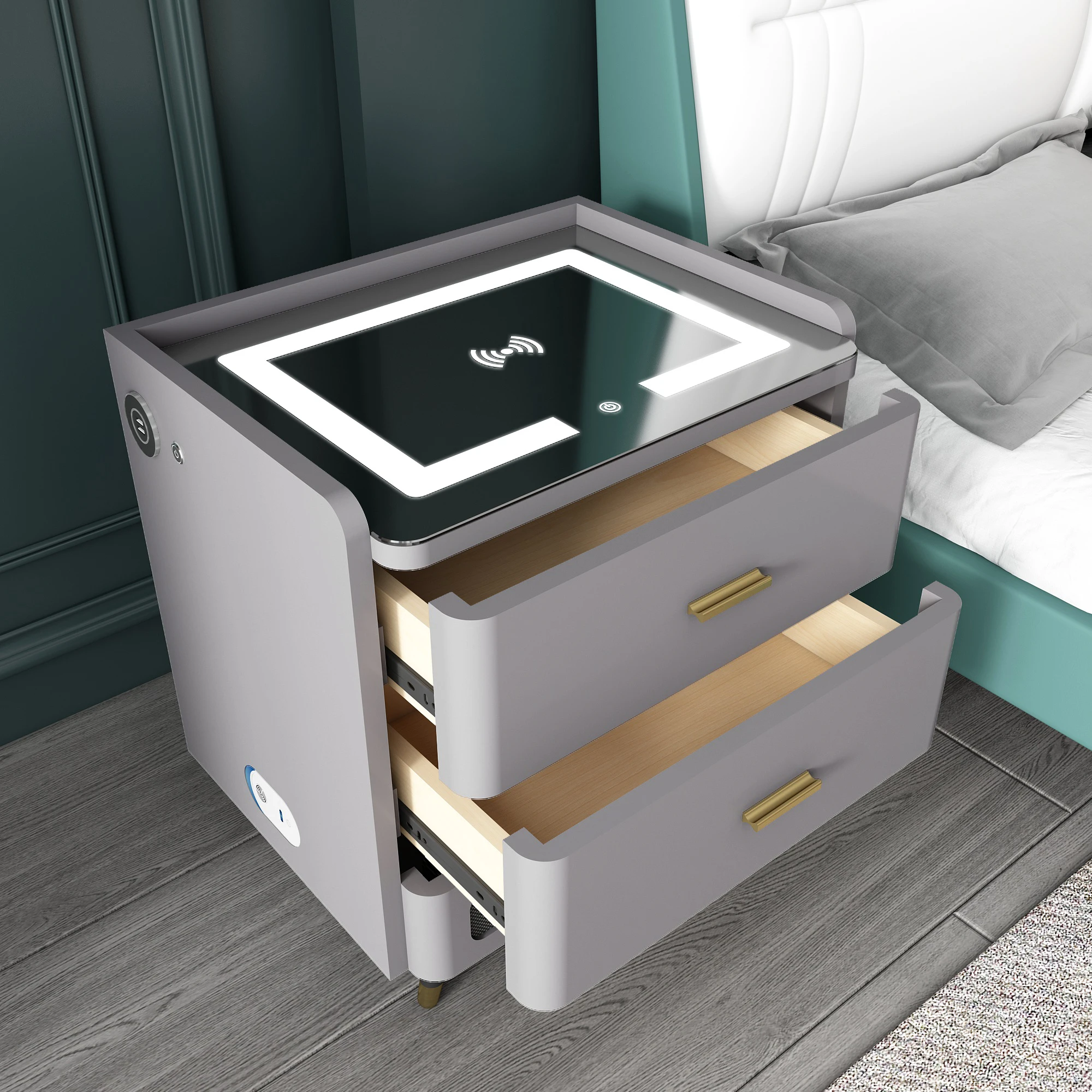 Умный деревянный прикроватный столик с беспроводным зарядным устройством и сенсорным датчиком для спальни с динамиками и ночным освещением