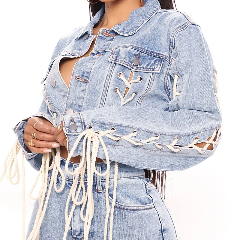 H9834 new ladies trending long sleeve strap casual denim jean jacket