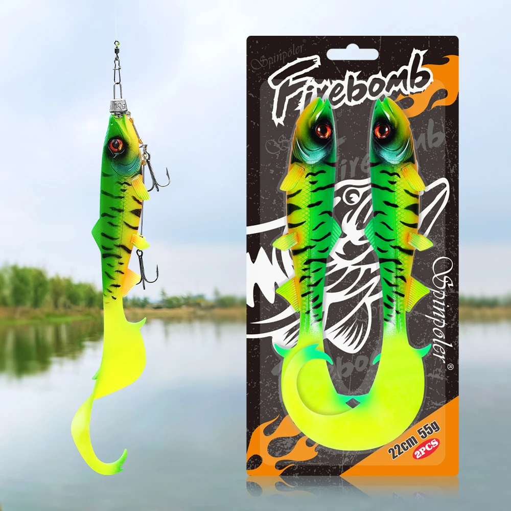 Spinpoler Firebomb Soft Fishing Lure Swimbait 17.5cm 22cm Long Wavy Tail Big Pike Bait Grub Seductive Swimming Action Rig Jig
