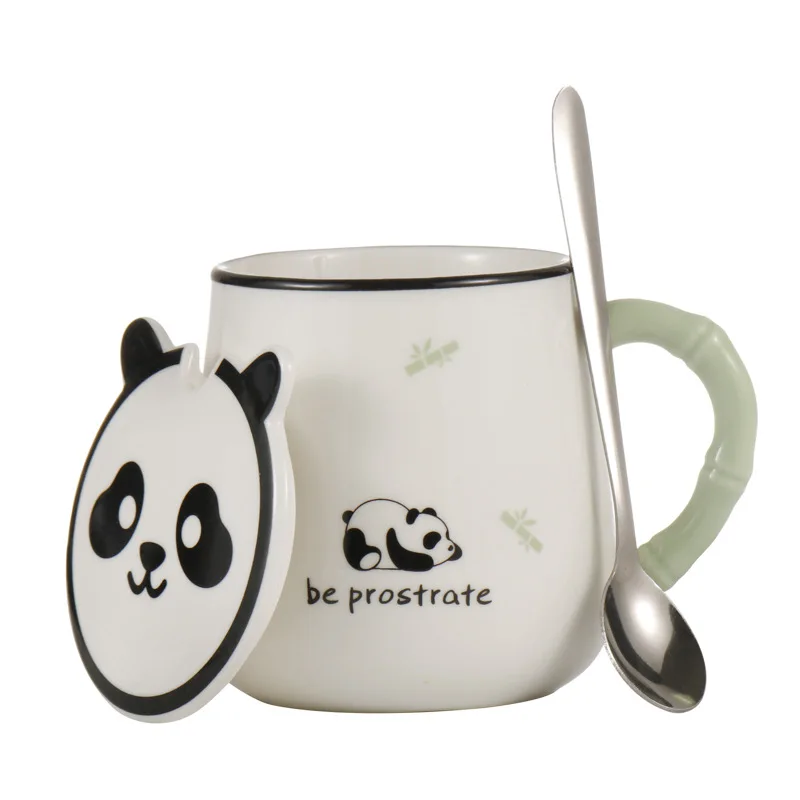 Modern Cute Customizable Logo Chinese Cartoon Panda Bead Pattern Bamboo Shape Handle Ceramic Mug