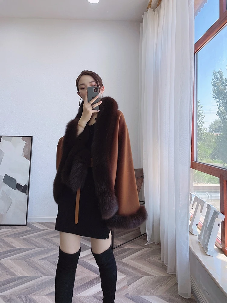 OFTBUY 2021 New Luxury Winter Jacket Women Ponchos Natural Real Fox Fur Collar Cashmere Wool Blends Coat Warm Fashion Outerwear