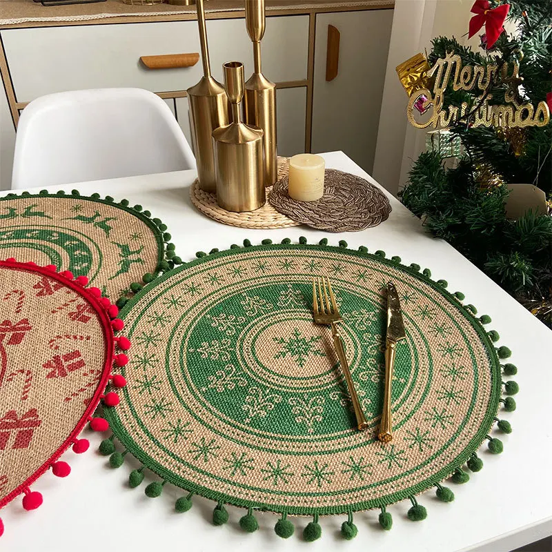 Home Decor Christmas Weaving Jute Table Mat Printed Wool Ball Insulated Cotton Linen Decorative Mat
