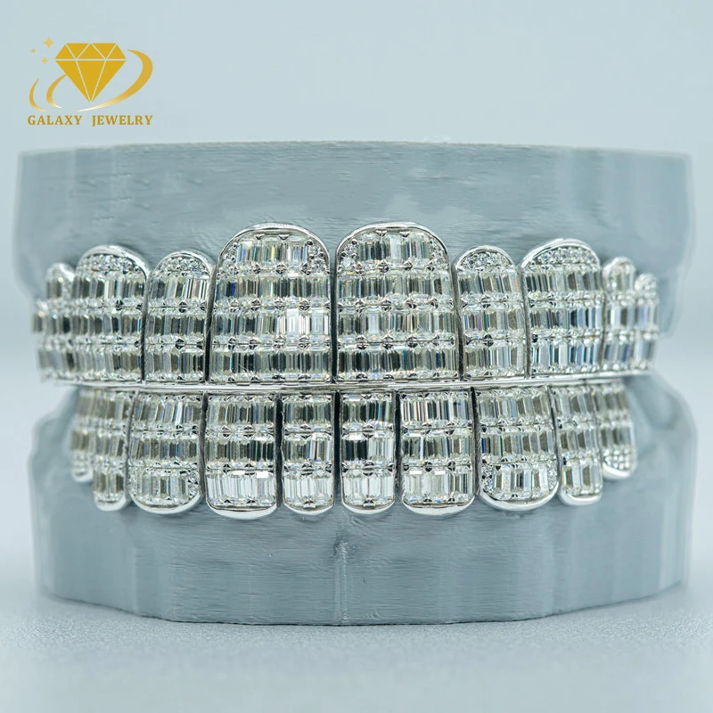 Custom S925 Silver 10k 14k 18k Solid Gold Teeth Iced Out Moissanite Diamond Grillz Emerald Cut Lab Diamond Grillz For Teeth