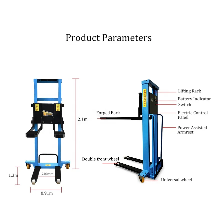 High Quality 1ton 1.6m Electric Pallet Stacker Forklift 220v Battery Semi Electric Pallet Stacker