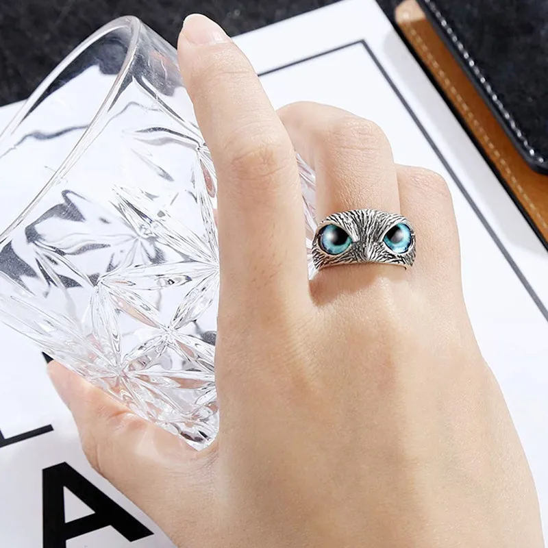 Hot Selling Creative Animals Open Rings Adjustable Owl Blue Eyes Couples Rings For Girlfriend Gift