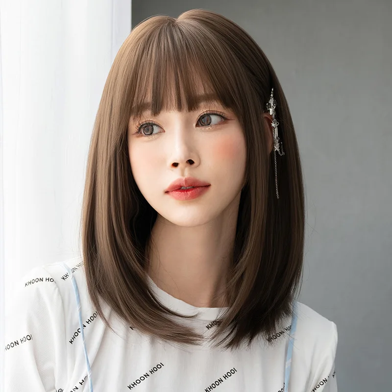 Ainizi Korean style 40cm short bob cold brown synthetic hair wigs with bangs for women
