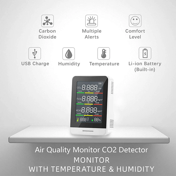 Air Quality Monitor Gas Pollution Carbon Dioxide Tester Temperature Humidity Interior Sensor Detector Alarm Meter CO2 Monitor