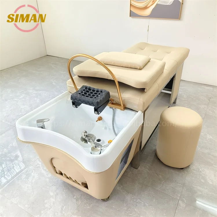 Siman shampoo bed with water circulation and steamer portable shampoo sink with large storage cabinet stainless steel bed frame