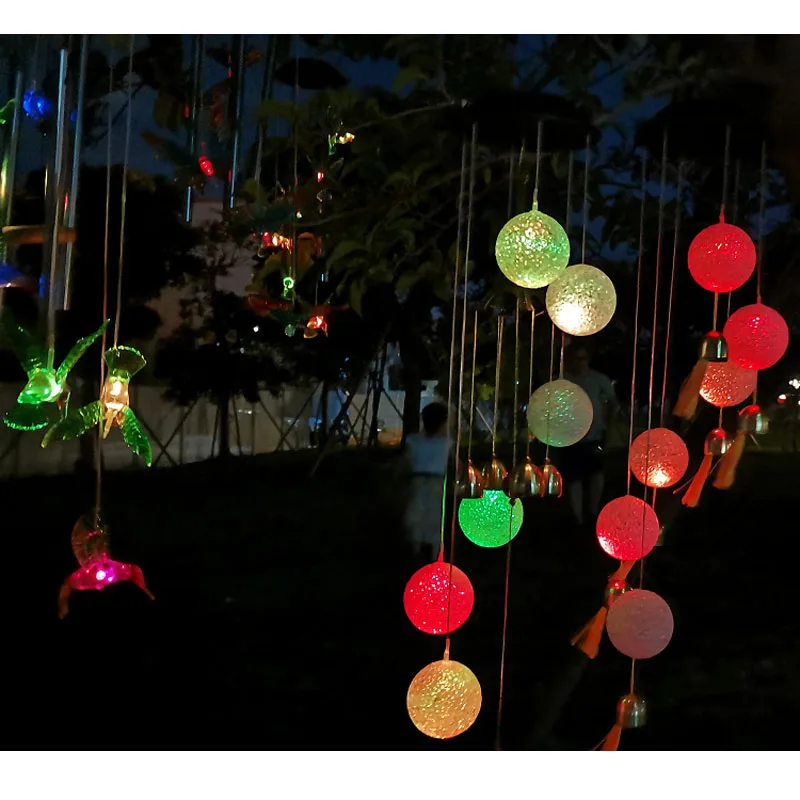6 Color Changing Light Ball Wind Chimes With Bell Solar Powered LED Wind Chime White Hummingbird Wind Chime