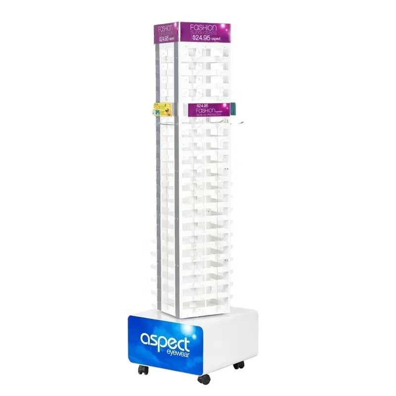 Retail rotating white acrylic metal Eyeglass sunglasses display stand with lockable wheels