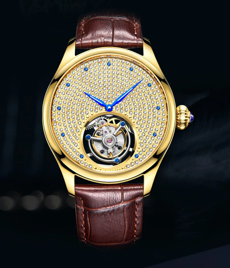 Luxury Mechanical Tourbillon Movement AESOP Watch Sapphire Glass Watch Case Bling Bling Silver Diamonds Watch Men Luxury