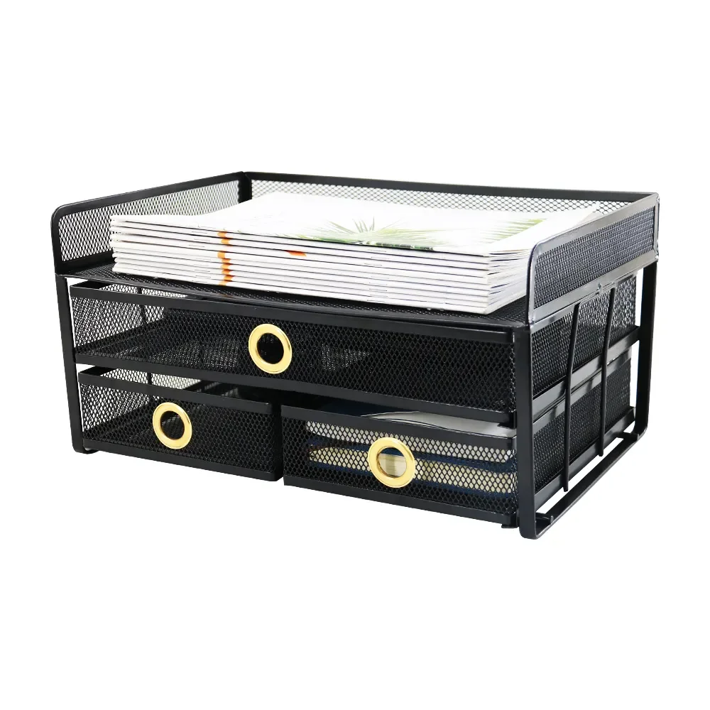 Office Desk Black Metal Wire Mesh 2 tiers Desktop file Organizer with 3 Sliding Drawers