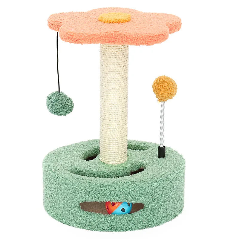 MRY wholesale sisal short plush stable cat tree with hammock ladder scratcher Sisal Rope Hanging Ball Cat Scratching Post trees