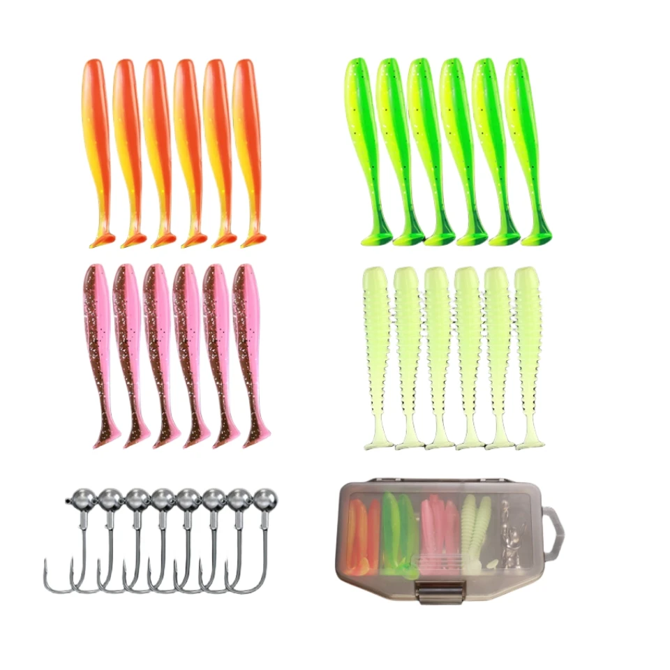Wholesale 33pcs Worm Bait Kit Silicone 7cm T Tail Soft Fishing LureHead Hook Fiss And 5g Jig Lead hing Tackle