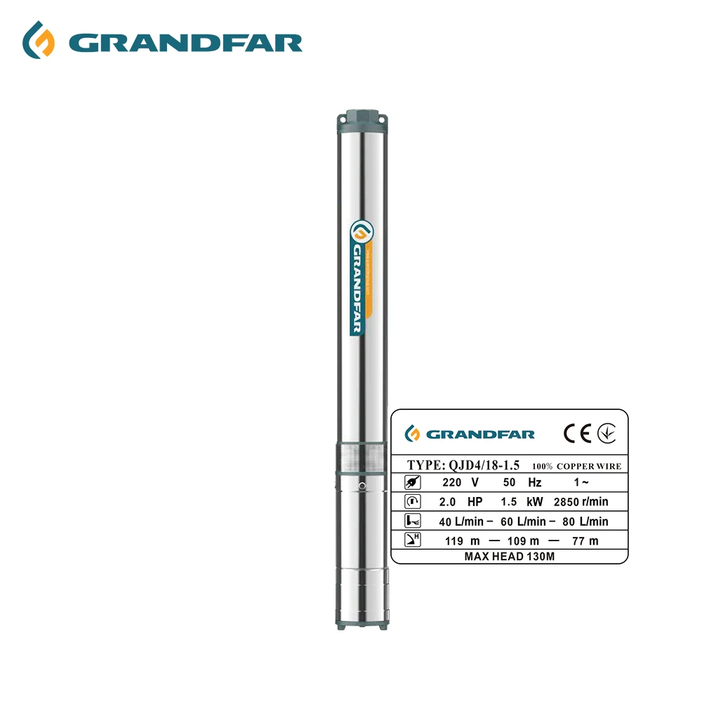 Grandfar 2HP 1.5KW Stainless steel multi-stage copper wire motor deep well submersible water pump