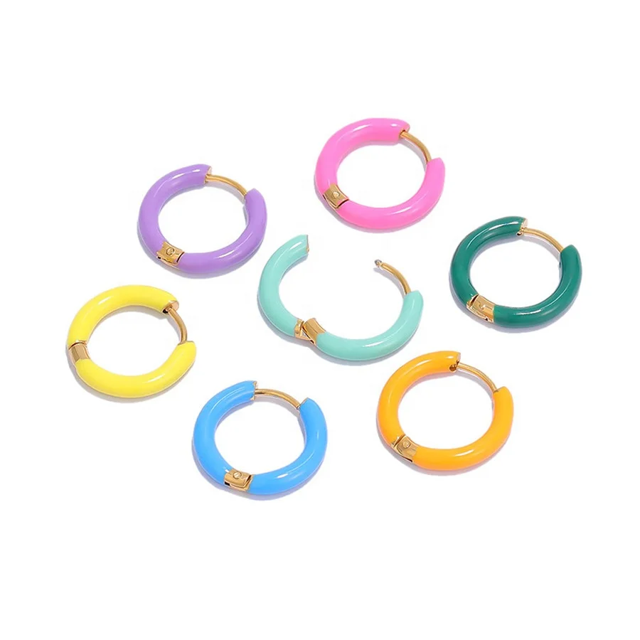 Fashion Earrings 2023 Women Simple Small 12mm Enamel Huggie Cartilage Gold Plated Stainless Steel Hoop Earrings
