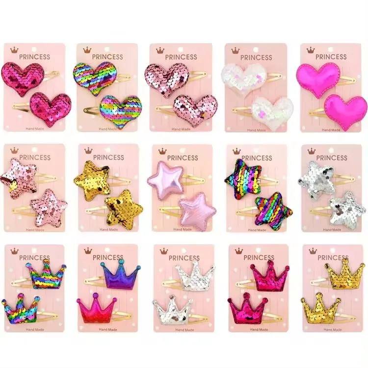 Wholesale Gold Colorful Star Heart Crown Bobby Pins Cute Sequin Hair Clips Accessories For Kids Girls