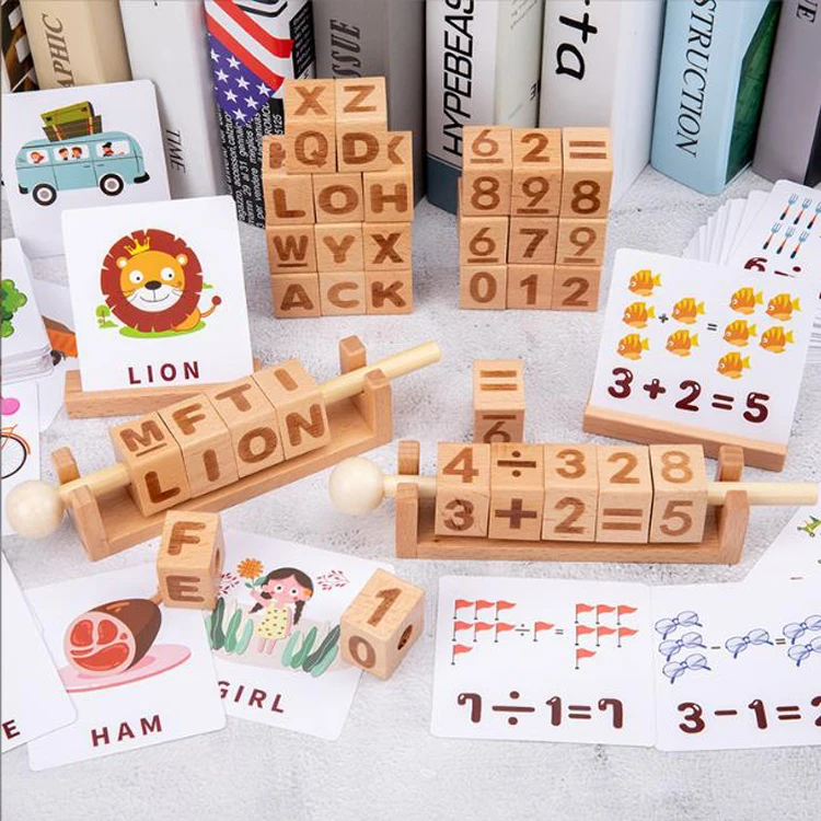 Hot Selling Letters Engraved Cubes, Children Early Leaning Number & Words Spelling Wooden Block With Card