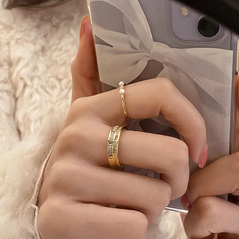 Vershal C4-183 18K Gold Plated New Arrival Fashion Pearl Zircon Minimalist Adjustable Open Ring