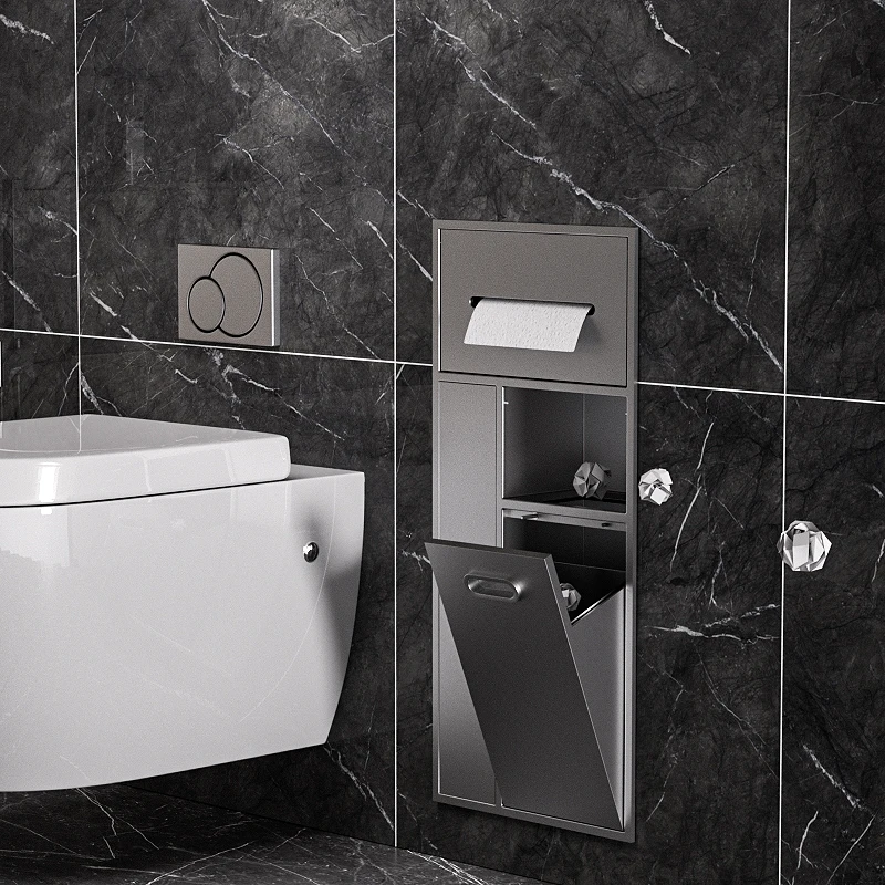 Bathroom recessed stainless steel trash can niche wall mounted toilet paper roll modern Multi Function rubbish bin