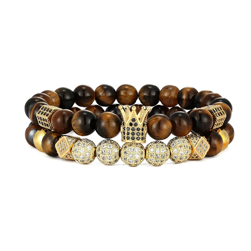 European Wholesale Luxury Handmade 2Pcs/Set Elastic Natural Tiger Eye Bead Micro Inlay Zircon Balls Crown Bracelet Set Men