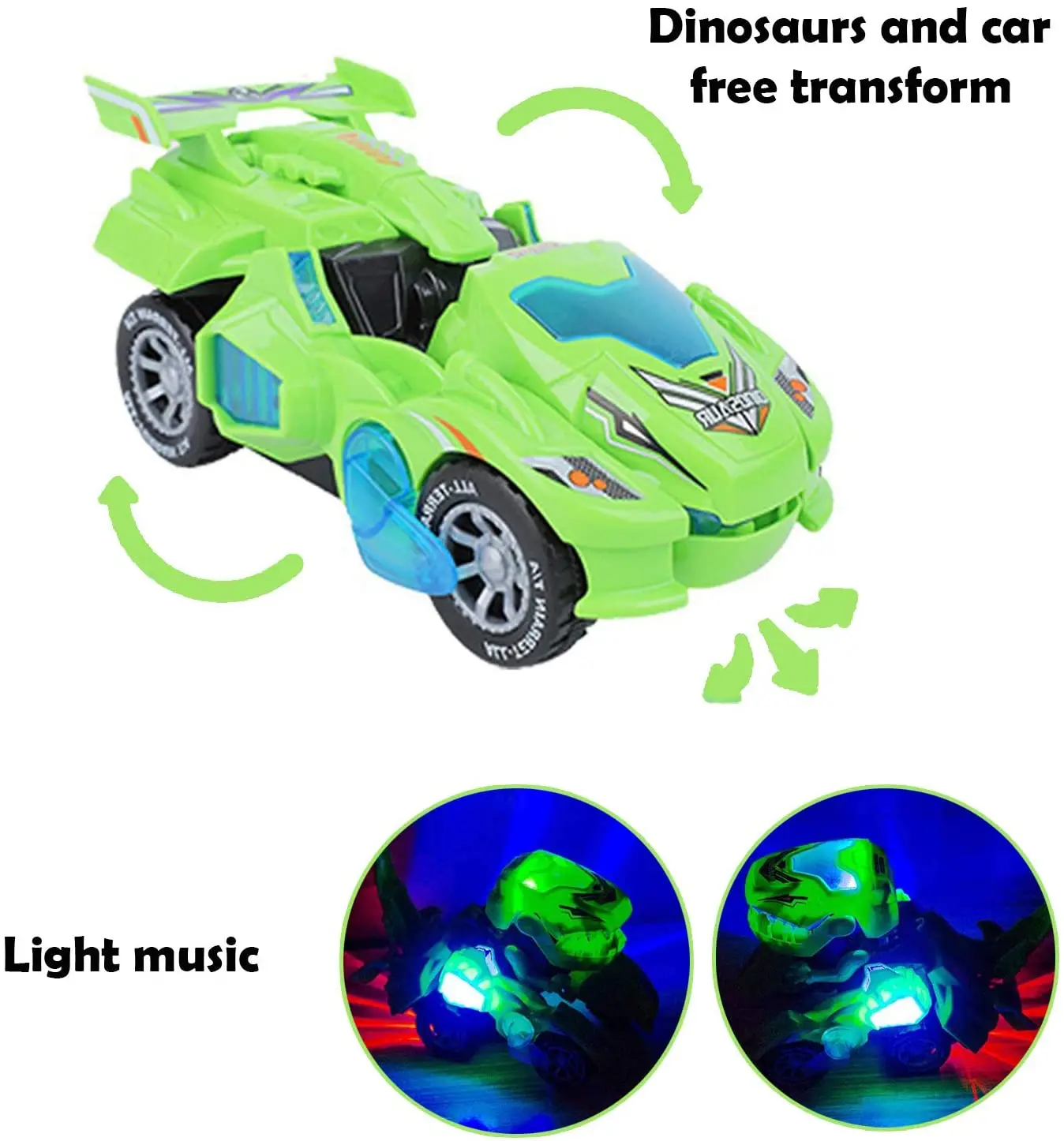 HUAYI Boy Toys 2 in 1 Dinosaur Toy Cars Transforming Dinosaur LED Car with Music Deform Dinosaur Toys