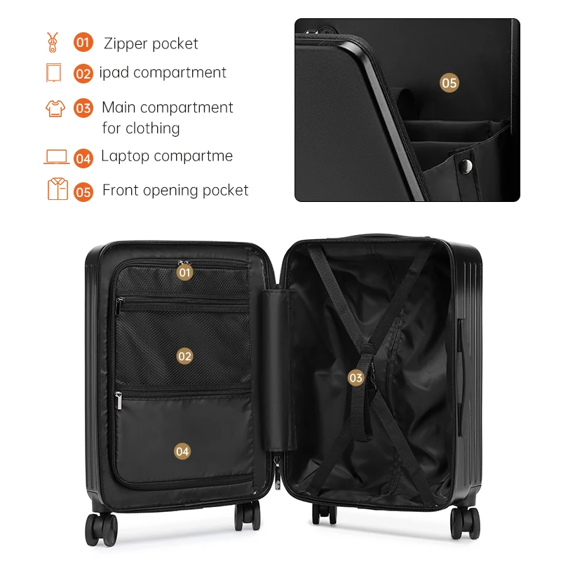 Front opening laptop compartment business trolley travel Explosion-proof Zipper boarding luggage TSA lock with USB port